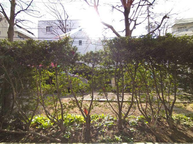 眺望 《眺望》室内からの眺望。植栽があり人目も気になりません。目の前は駐輪場なので居住者しか通らず安心です。