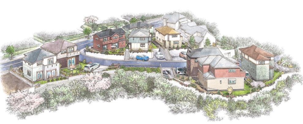 完成予想図(外観) 緑豊かな閑静な住宅街。交通量の少ないゆったり道路に面した明るい9区画。38坪~67坪超のゆとりの敷地はカースペースとお庭を確保。外観・内装・外構まで選べるセミオーダーで理想の住まいを。
