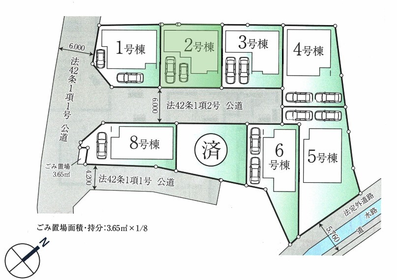 区画図 2号棟:並列2台駐車可能(車種によります)