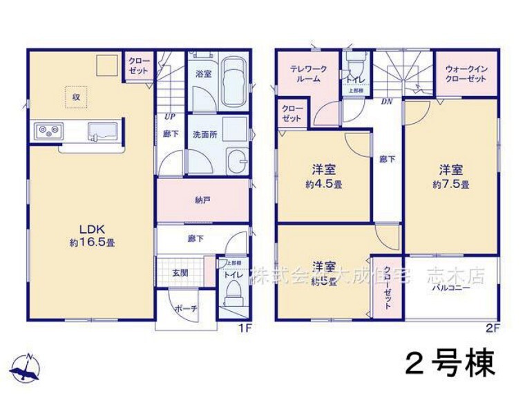 間取り図 2号棟:収納部屋ともしても利用可能な納戸や、テレワークルーム、WICなど収納豊富^^