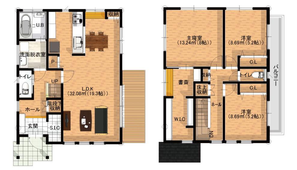 間取り図 3LDK+SIC+WIC ・LDK約19帖、家族でも友達ともみんなで楽しめるウッドデッキ付き! ・勉強にも仕事にも使えるカウンターを設置! ・大容量なシューズクローク! ・クローゼット、ウォークインクローゼットを完備しております。 ・寝室からすぐ行ける便利な書斎 ・二部屋から出入りができる便利な大容量バルコニー
