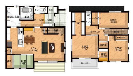 間取り図 4LDK+SIC+WIC ・LDK約17帖、来客時にも便利な和室3帖 ・和室はLDKに隣接しているのでお友達など泊まりに来た時にも便利 ・家族でも友達ともみんなで楽しめるウッドデッキ付き! ・LDKには勉強にも仕事にも使えるカウンターを設置! ・便利なシューズクローク! ・便利なパントリー! ・3.5畳の大容量ウォークインクローゼットを完備しております。 ・寝室からすぐ行ける便利な書斎