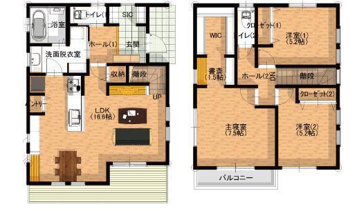 間取り図 3LDK+SIC+WIC ・LDK約17帖、家族でも友達ともみんなで楽しめる大型ウッドデッキ付き! ・LDKには勉強にも仕事にも使えるカウンターを設置! ・大容量なシューズクローク! ・便利なパントリー! ・クローゼット、大容量ウォークインクローゼットを完備しております。 ・寝室からすぐ行ける便利な書斎 ・家族の絆を深めるリビング階段