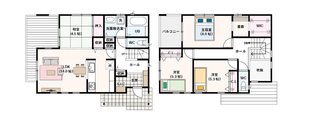 間取り図 3(4)LDK+SIC+WIC ・LDK約14帖、来客時にも便利な和室4.5帖の合計18.5畳!! ・家族でも友達ともみんなで楽しめる大型ウッドデッキ付き! ・LDKには収納とパントリーを完備 ・便利なシューズクローク! ・クローゼット、ウォークインクローゼットを完備しております。 ・寝室からすぐ行ける便利な書斎