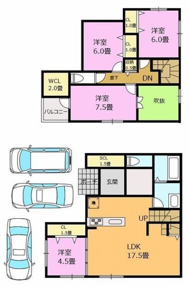間取り図 4LDK。収納豊富な全室収納付き。17.5帖のLDKは、通風と採光を考慮した設計で癒しの時間を演出してくれます。