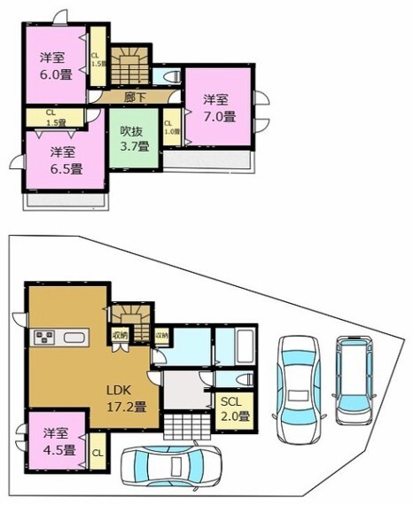 間取り図 4LDK。収納豊富な全室収納付き。17.2帖のLDKは、通風と採光を考慮した設計で癒しの時間を演出してくれます。