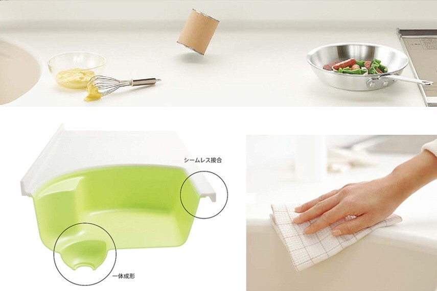 トクラスキッチンBb~人造大理石~ シンクとカウンターが、すべて「人造大理石」なので、隙間・段差がなく、シンクのふちまでお手入れ簡単。