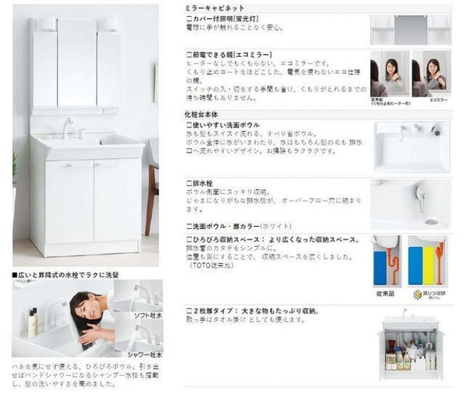 洗面化粧台 【施工例】 三面鏡裏に収納があるので、化粧品や洗面用品類をすっきり整理できます。
