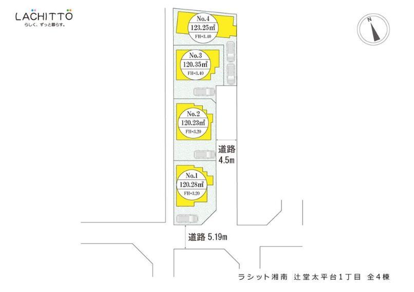 区画図 海近+開放感をコンセプトにした全4区画の分譲地。現地に接道している道路は交通量も少なく、小鳥のさえずりが聞こえるほど静かな環境です。全区画120m2超のゆとりの敷地にセミオーダーで理想の住まいを。