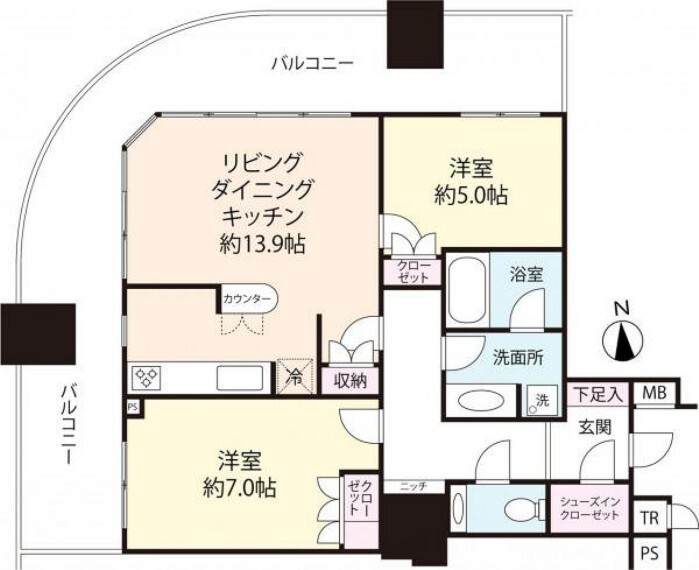 間取り図 間取図。 引き回しバルコニーで風通しや開放感もございます。