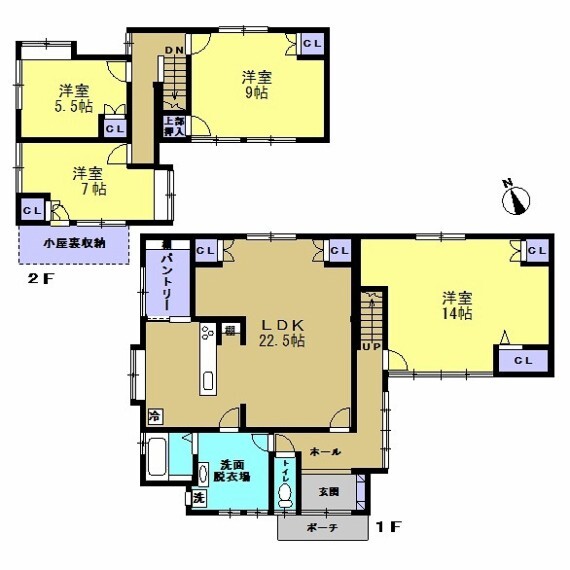 間取り図 リフォーム後の間取りです。2階建て4LDKです。約22.5帖のLDKを新設します。