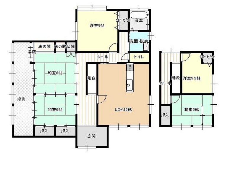 間取り図 【間取】13.5帖のLDKへ間取り変更します。対面式キッチンとなります。もちろん、フローリング、クロスの張替えはおこないます。