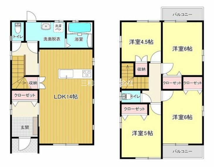 間取り図 1階にリビング、2階に4部屋ある家族団らんのスペースとプライベート空間を分けられる間取りです