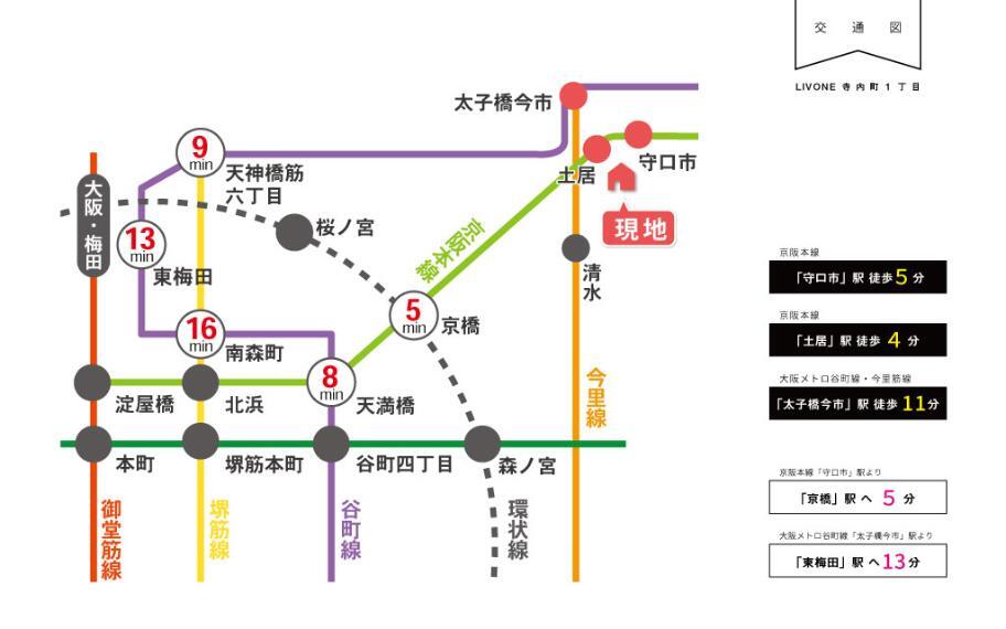 LIVONE寺内町は、京阪本線・谷町線が利用でき、梅田・天王寺・京橋・淀屋橋などへの乗換なしでアクセス可能。京都方面へのアクセスも良い2WAYアクセスが利用できる便利な立地です。
