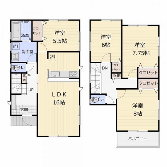 間取り図 【間取り図】全居室に収納スペース付き!お部屋を広く使えます!