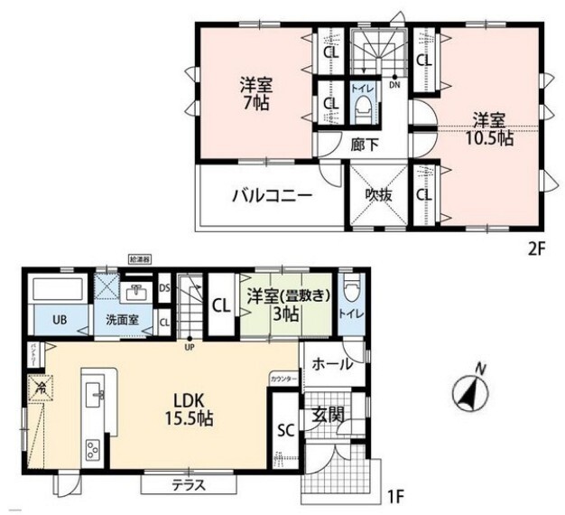 間取り図 2階10.5帖の洋室は2部屋にできます。 全居室に収納があり収納豊富。 吹き抜けのあるリビングダイニング。