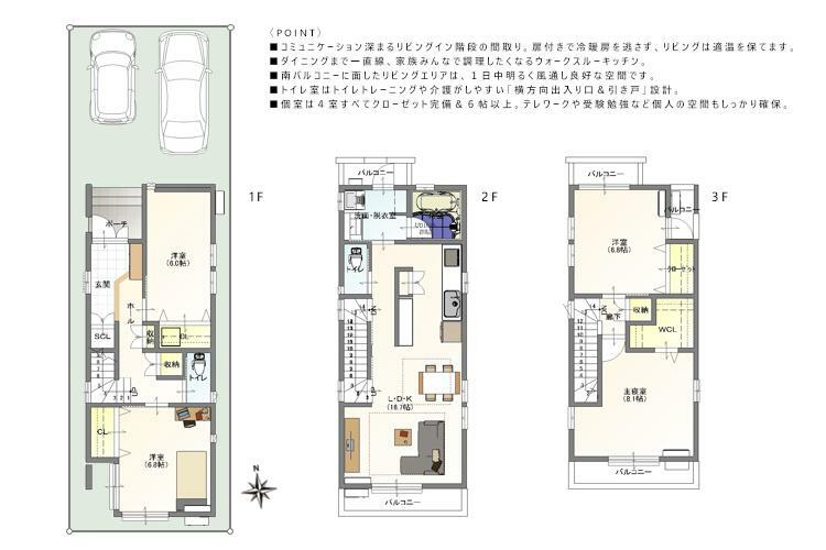 間取り図 3階建て/4LDK/駐車2台/ウォークスルーキッチンのある家。