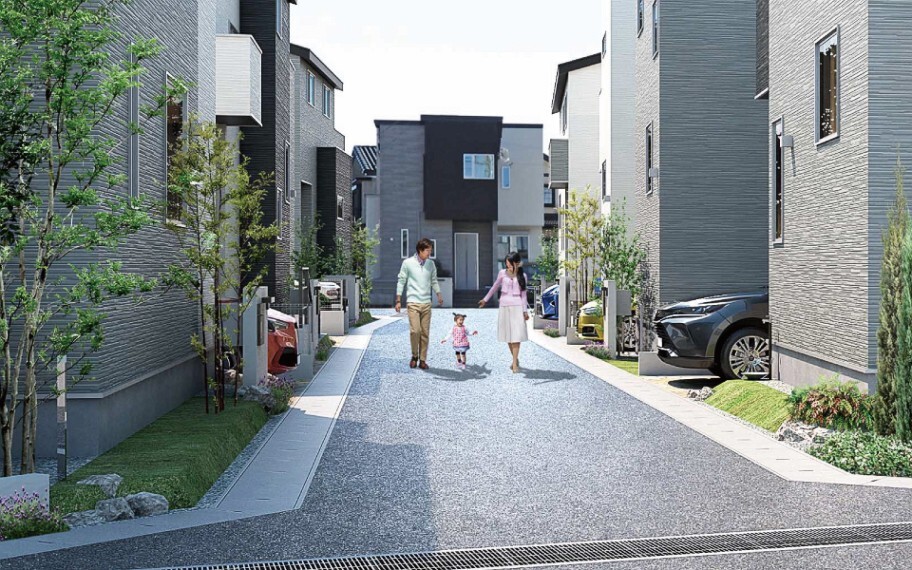 完成予想図(外観) 分譲地内を抜ける道路。 分譲地の中心を抜ける4.0mの道路があります。道路を囲むように街並みが広がります。