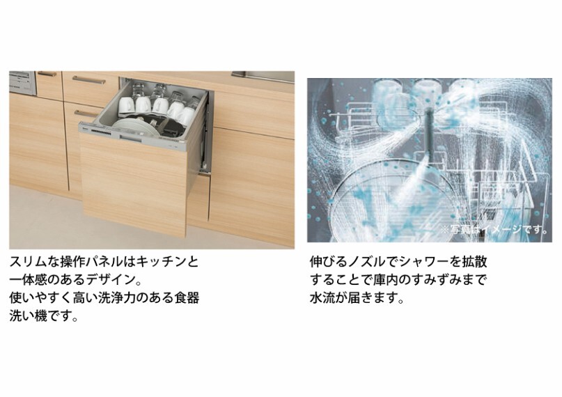 時短と節水が可能な食器洗い乾燥機 毎日の家事も食器洗い乾燥機で楽々。時短はもちろん、節水にもなり便利。洗った後はそのまま収納としても使えます。