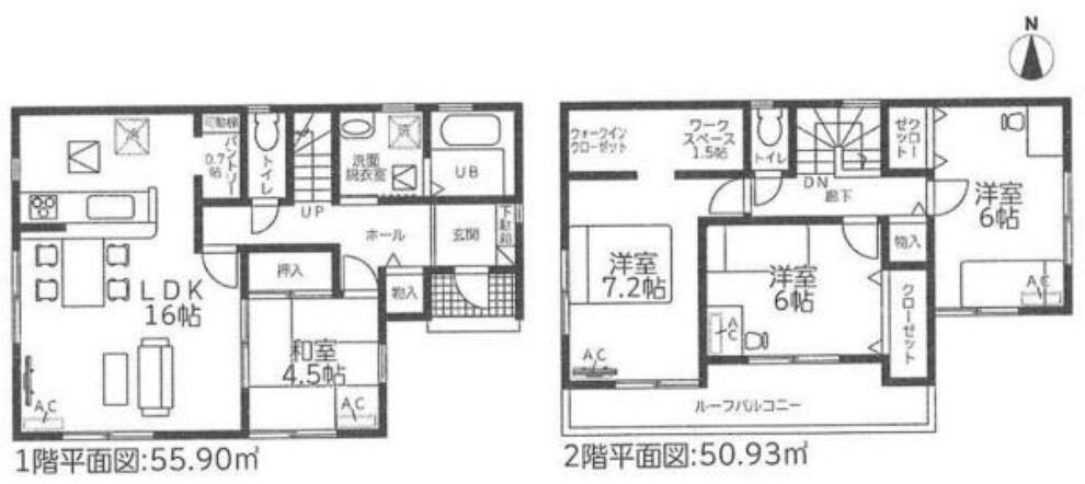 間取り図 南向き16帖の明るくて広々としたLDKは、対面キッチンでリビング全体が見渡せます!ドアを開ければ和室とつながり、さらに開放的な空間になります!和室は玄関から直接入れるので来客用に便利です!