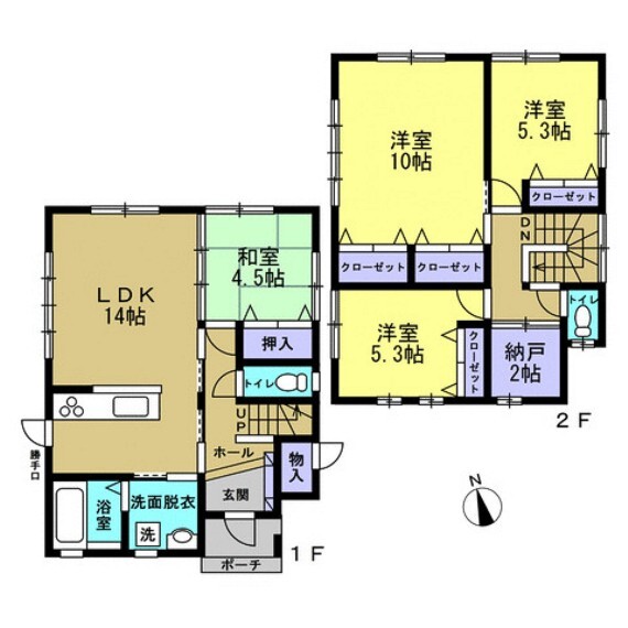 間取り図 4SLDKの2階建てです。収納スペースがたくさんあるので、いつでもお家の中をスッキリ保てますね。
