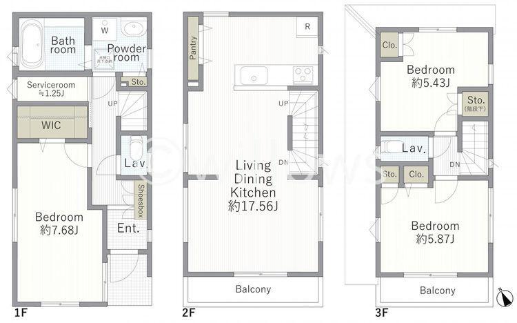 間取り図 3LDK+S。ご家族やご夫婦、幅広い方に使いやすい間取りになっております。各部屋収納付きのため、室内をすっきりご利用可能です。2階、3階にバルコニーがございますのでお洗濯物を干すのも楽々ですね。