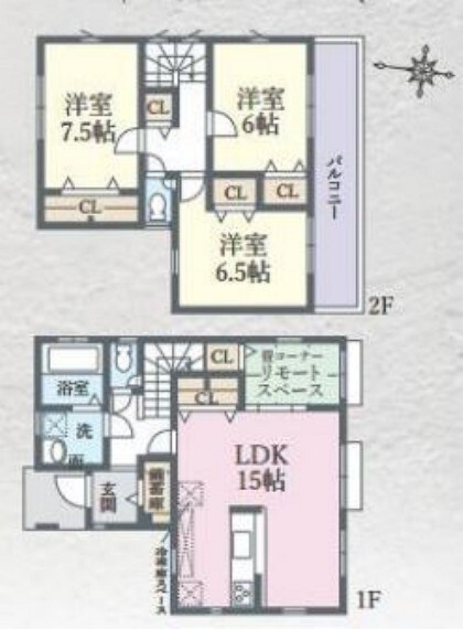 間取り図 間取りは3LDK、約15帖のLDKに隣接する畳コーナーがあります。