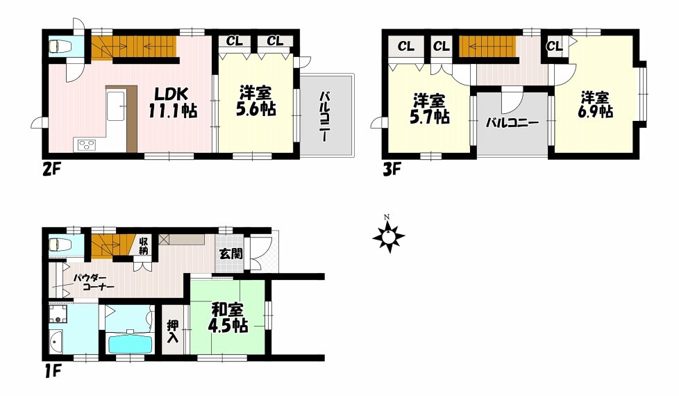 間取り図 4LDK リビングは広々11.1帖 全居室南向きで明るく居心地の良いお部屋