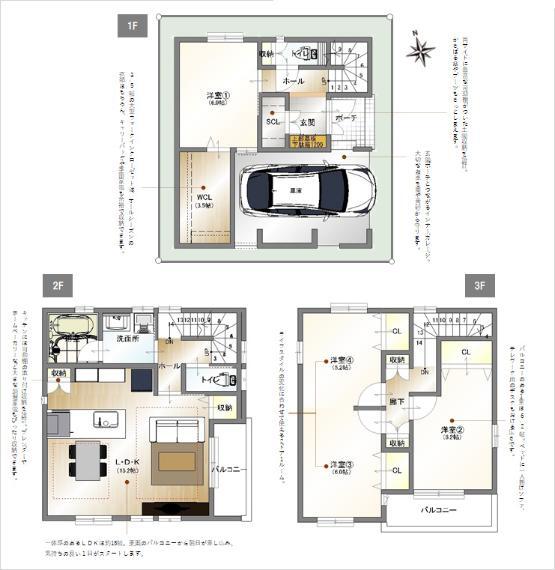 間取り図 A区画 3階建て4LDK・3帖WCLと2ドア1ルームのある家。