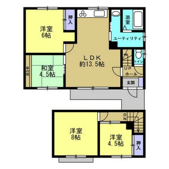 間取り図 【間取図】1階に2部屋、2階に2部屋ある4LDK住宅です。1階の6帖のお部屋は和室から洋室に間取り変更を行いました。