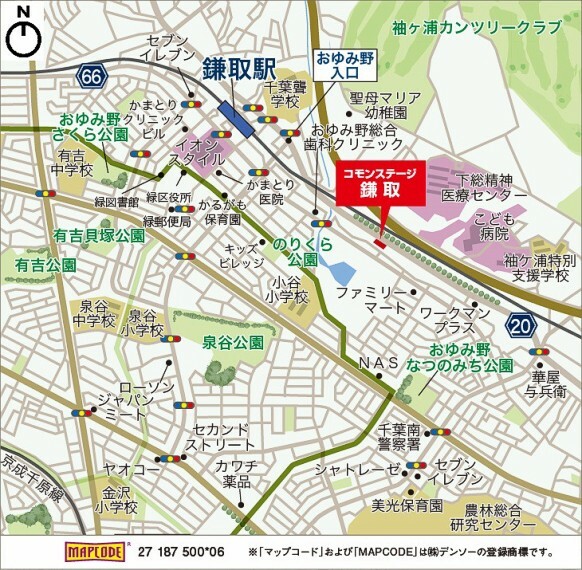 区画図 現地案内図分譲地周辺は公園が点在する自然豊かな閑静な住宅地です。JR「鎌取」駅まで徒歩12分。駅周辺には大型商業施設や病院などの生活に必要な施設が充実しています。自然と利便性が調和する住環境です。