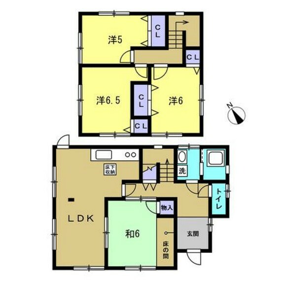間取り図 【リフォーム済】4LDKの二階建てです。各居室と階段下にも収納スペースがあるので、お部屋を広く使えますね。