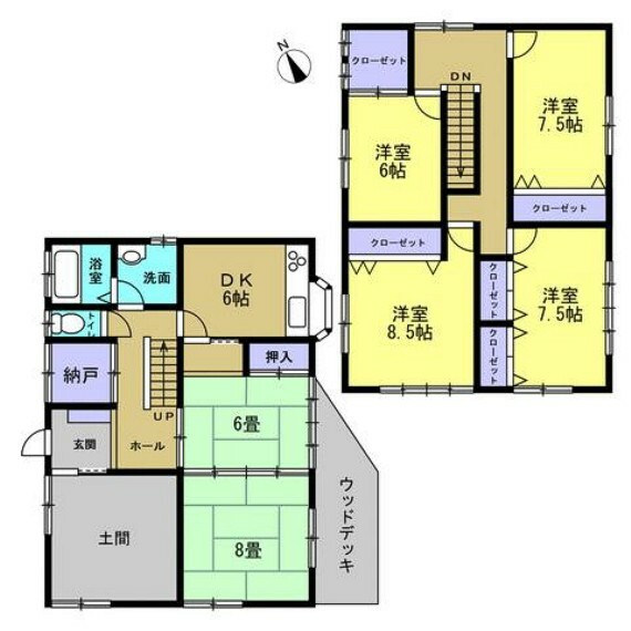 間取り図 【間取図】部屋数の多さと収納力が魅力の6DK2階建て住宅。土間はお子様の遊び場として、バイク置き場として重宝します。1階の東側には、お部屋の延長として利用できるウッドデッキを設けました