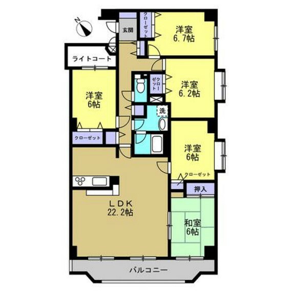 間取り図 間取りは5LDKの角部屋です。全室6帖以上で十分な部屋数がありますので、ご家族でも住みやすいマンションです。