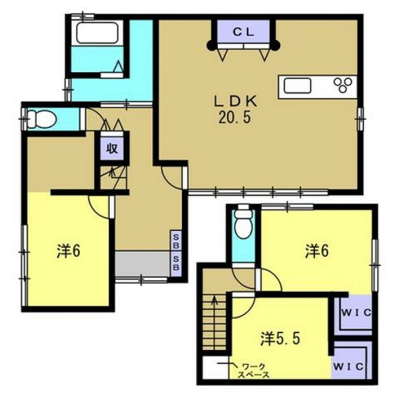 間取り図 3LDKの間取りです。20.5帖の広々したリビングと1階、2階洋室にあるウォークインクローゼットが特徴です。トイレも2階に設置いたしましたのでわざわざ1階に降りる必要はありません。