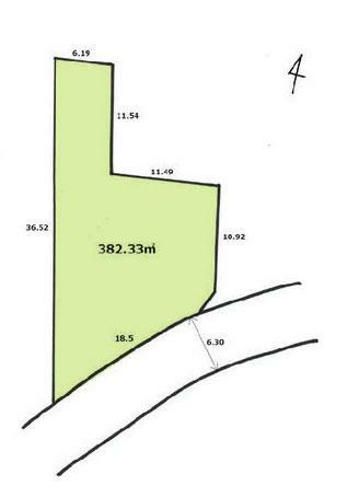 区画図 敷地面積382.33平米です。南東側6.3m公道に18.5m面してます。