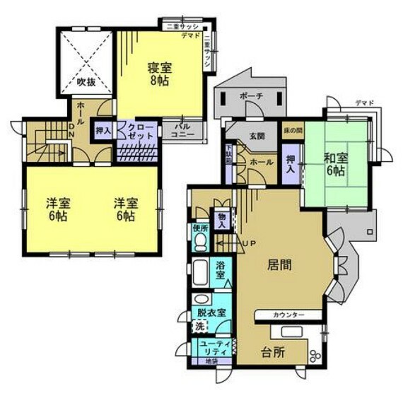 間取り図 【間取り図】1階和室は洋室に変更します。2階洋室は壁を作り、部屋数を増やします。お風呂は1坪に拡張します。使い勝手の良い4LDKの間取りになります。