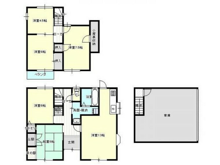 間取り図 間取図です。1階はビルトインとなっており、2階はLDKと洋室1部屋と和室1部屋、3階に洋室3部屋の5LDKになる予定です。