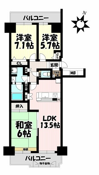 間取り図 3LDK　廊下やLDK、各居室収納など収納充実　各室バルコニーに面して眺望が楽しめます　