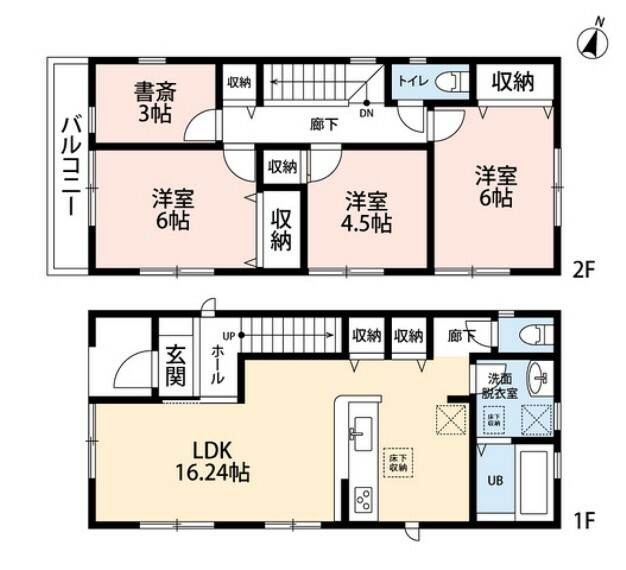 間取り図 3LDKと書斎でゆとりのある暮らしが実現。 2階は洋室が3部屋あるので、お子様が大きくなっても安心ですね。
