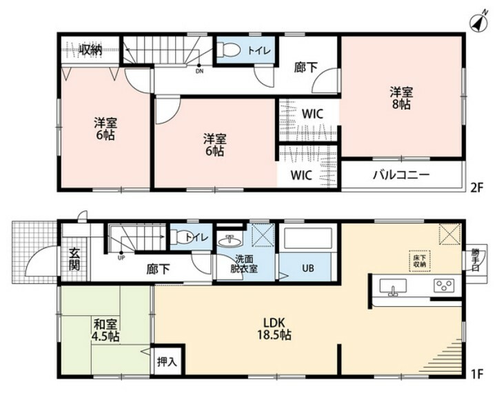 間取り図 4LDKとウォークインクローゼット2ヵ所でゆとりのある暮らしが実現。おしゃれな折上天井付きリビングは18帖以上、2階は全室6帖以上と広々としています＾＾