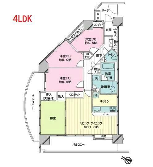間取り図 4LDK 専有面積/83.95平米（25.39坪） バルコニー面積/28.54平米（8.63坪） ポーチ面積/3.95平米（1.19坪）