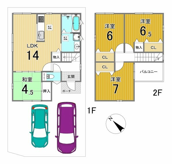 間取り図 【2階建】各部屋も余裕のある面積となっており、和室を開放すれば計18.5帖のLDKとなります　
