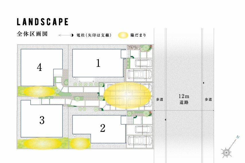 区画図 区画図  全邸カースペース2台設定。陽だまりあふれる4邸。※2台目カースペースはコンパクトカーとなります。