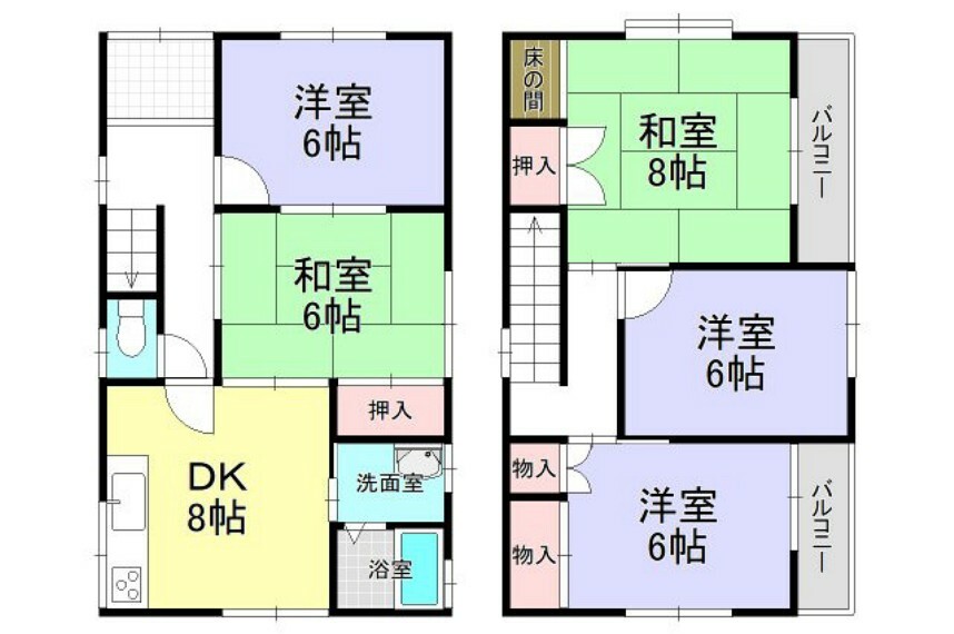 間取り図 各階に和室があり便利です。全居室6帖以上、ゆとりの5DK。部屋数が欲しい方にオススメします。
