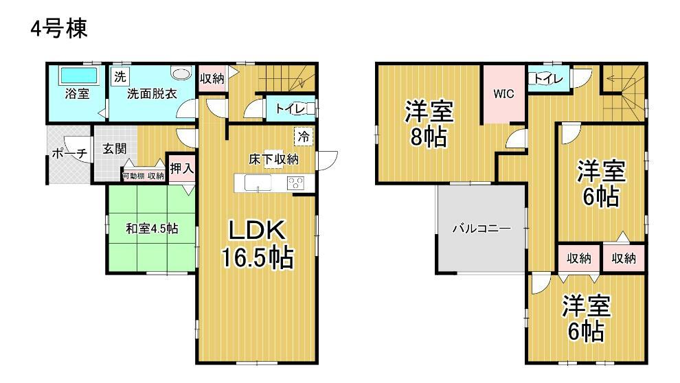 間取り図 4号棟:2階の洋室は全て6帖以上あり家具配置にも困らない使いやすい間取りとなっております！