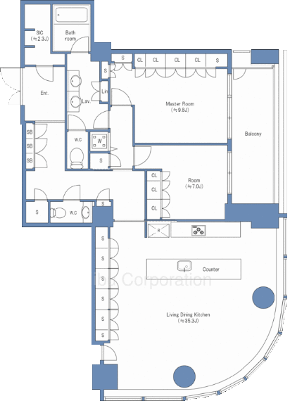 間取り図 北東角住戸、LDK35.3帖、天井高2.73メートル、1620サイズのバスルーム