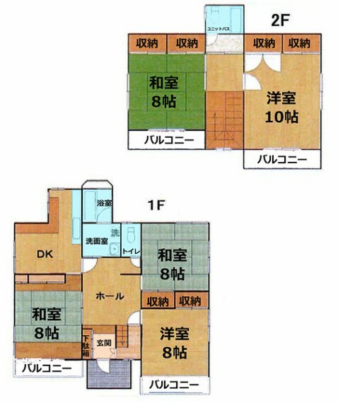 間取り図 8帖の和室3部屋、8帖洋室と10帖の5DKを配した間取り！ 全居室収納付きで。1階と2階に浴室を完備した造りは2世帯住宅としても使用可能です！