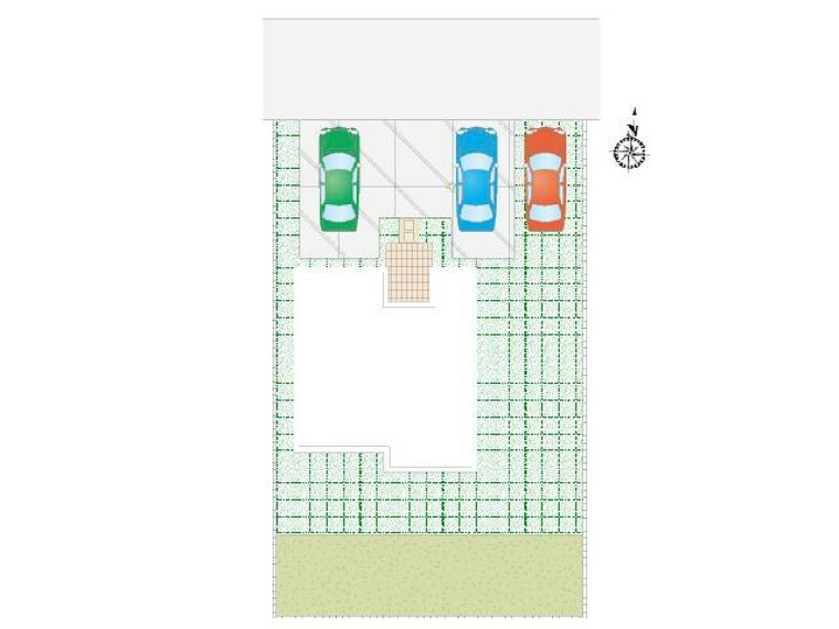 区画図 B号棟:配置図・・・車3台駐車可能。南側にはお庭のスペースもある配置となっております。
