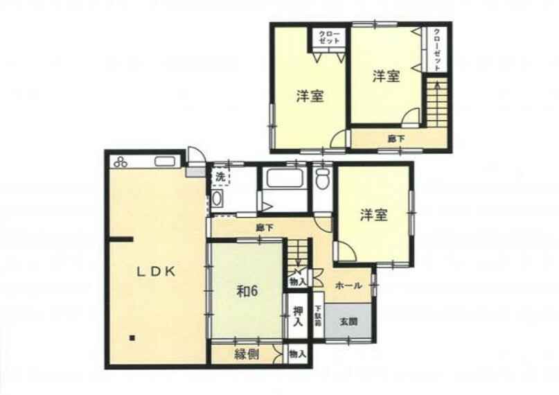 間取り図 リフォーム後の間取り図です。間取りは3LDKの二階建てです。1階に和室1部屋、洋室1部屋とキッチン、2階は洋室2部屋となっております。※現況と異なる場合は、現況を優先致します。